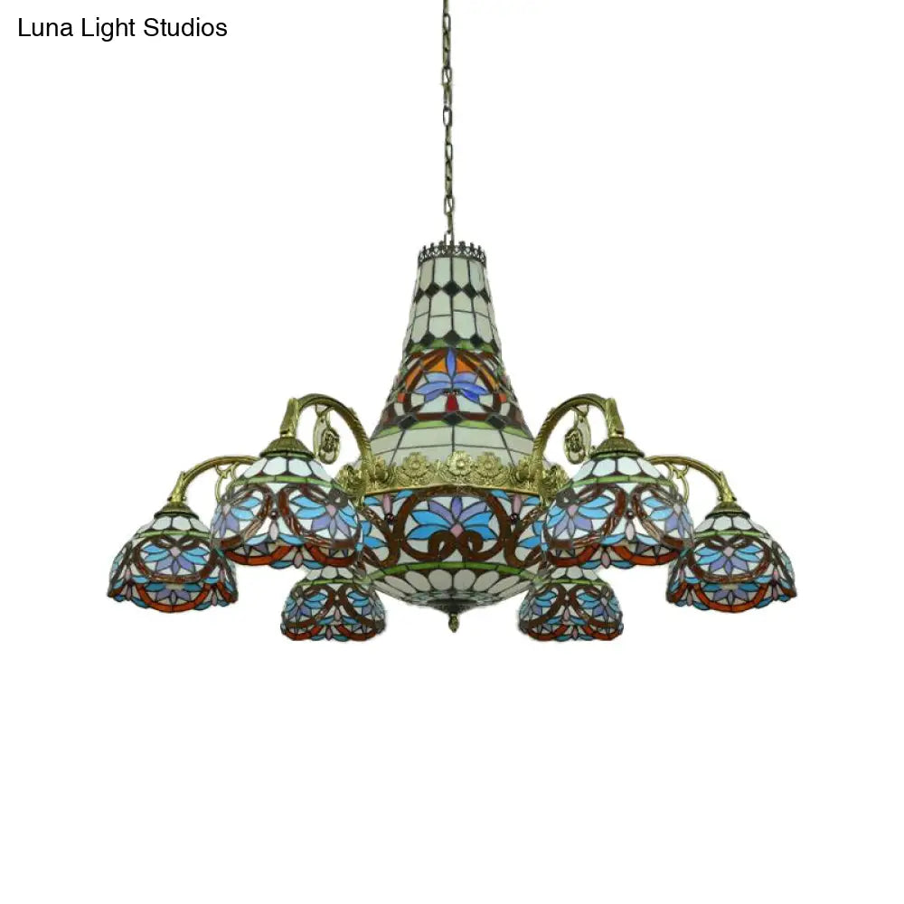 Stained Glass Mediterranean Chandelier - Curved Arm Ceiling Light With 11 Pink & Blue/Purplish Blue