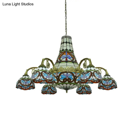 Stained Glass Mediterranean Chandelier - Curved Arm Ceiling Light With 11 Pink & Blue/Purplish Blue