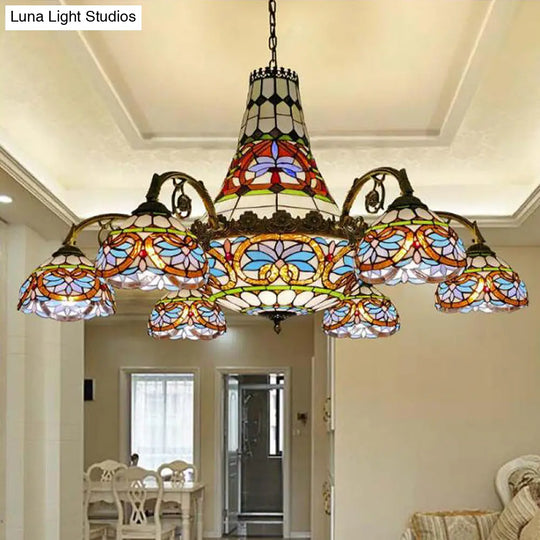 Stained Glass Mediterranean Chandelier - Curved Arm Ceiling Light With 11 Pink & Blue/Purplish Blue