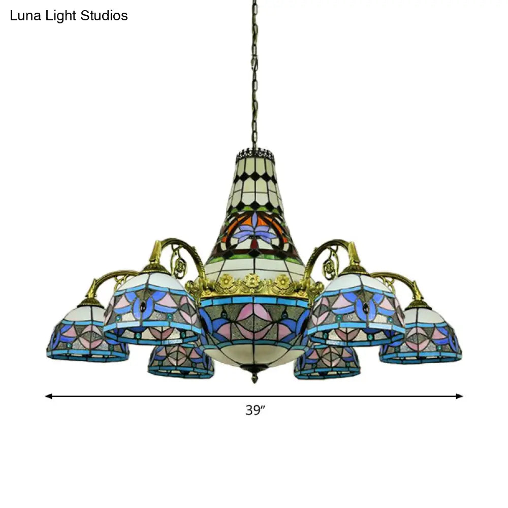 Stained Glass Mediterranean Chandelier - Curved Arm Ceiling Light With 11 Pink & Blue/Purplish Blue