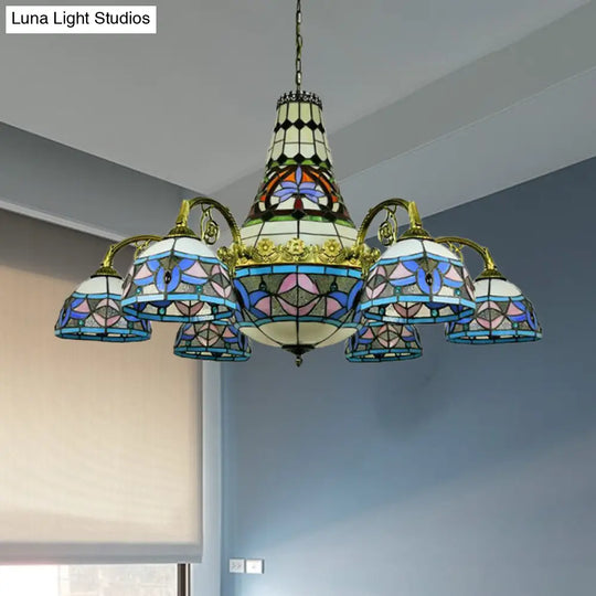 Stained Glass Mediterranean Chandelier - Curved Arm Ceiling Light With 11 Pink & Blue/Purplish Blue