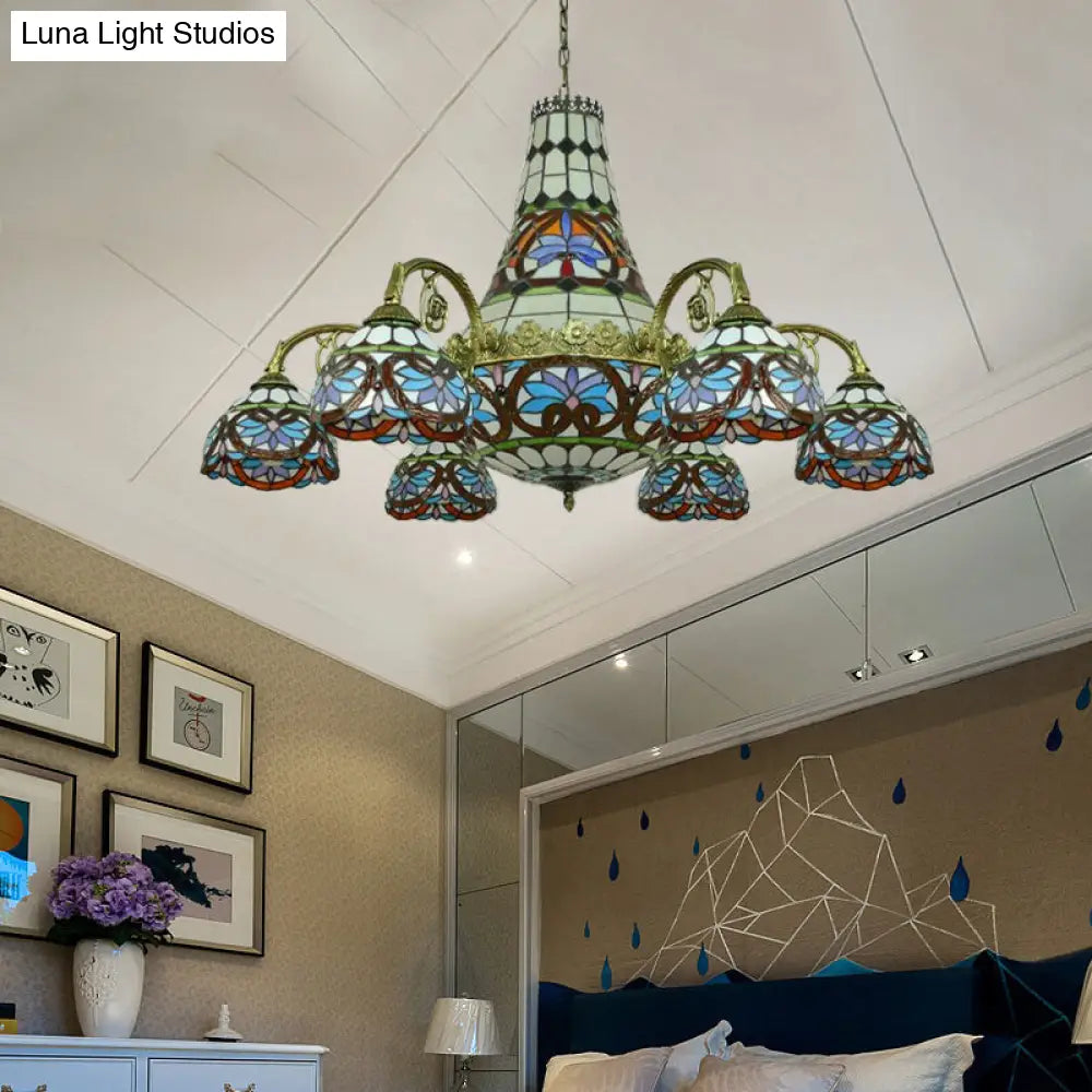 Stained Glass Mediterranean Chandelier - Curved Arm Ceiling Light With 11 Pink & Blue/Purplish Blue