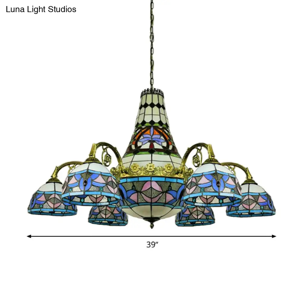 Curved Arm Stained Glass Chandelier - 11 Lights Mediterranean Ceiling Light In Pink/Blue/Purplish