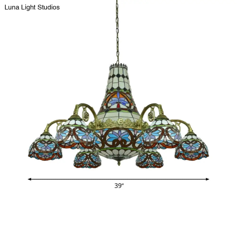 Curved Arm Stained Glass Chandelier - 11 Lights Mediterranean Ceiling Light In Pink/Blue/Purplish