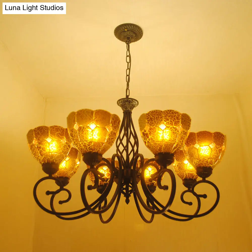 Curved Arm Tiffany Tan Crackle Glass Chandelier - 8 Lights Gold Pendant Lamp