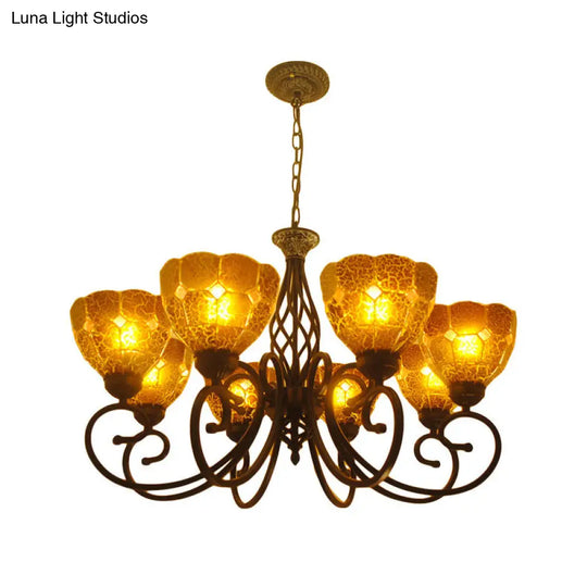 Curved Arm Tiffany Tan Crackle Glass Chandelier - 8 Lights Gold Pendant Lamp