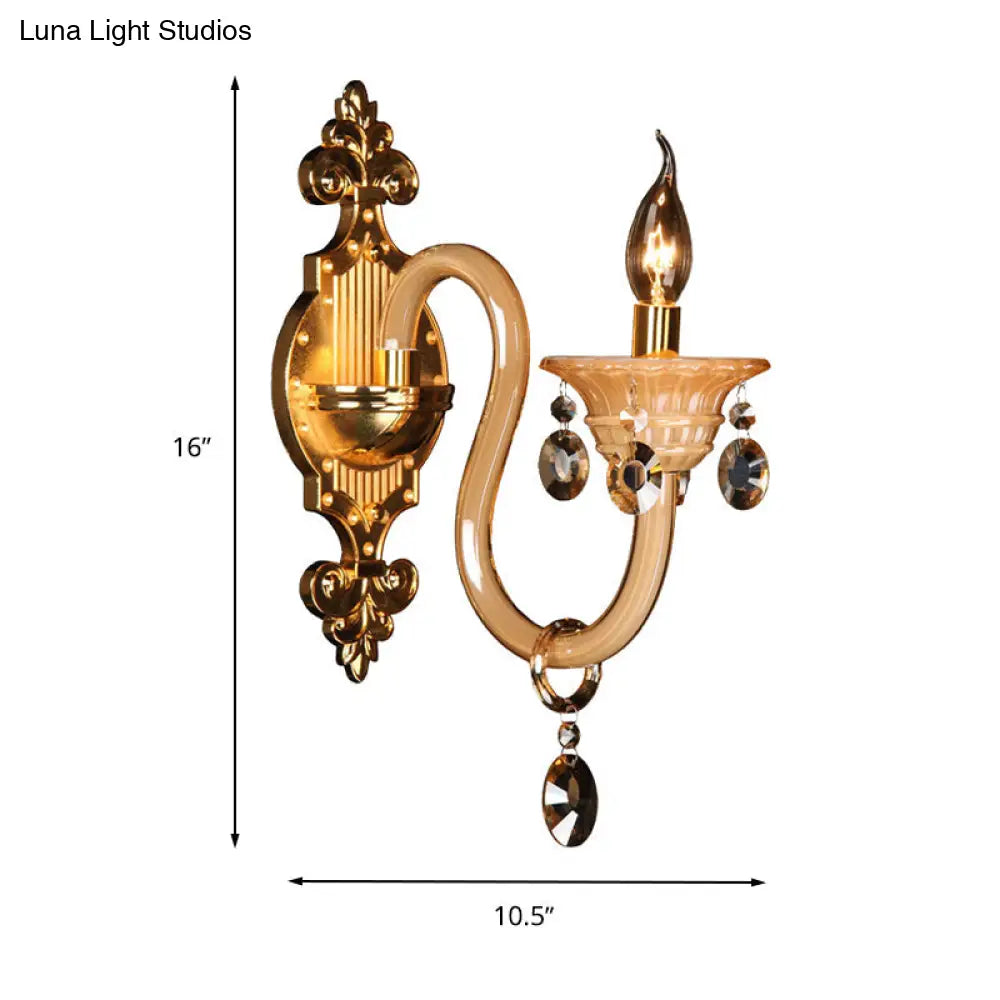 Curved Arm White Glass Wall Sconce With Beveled Crystal Accent