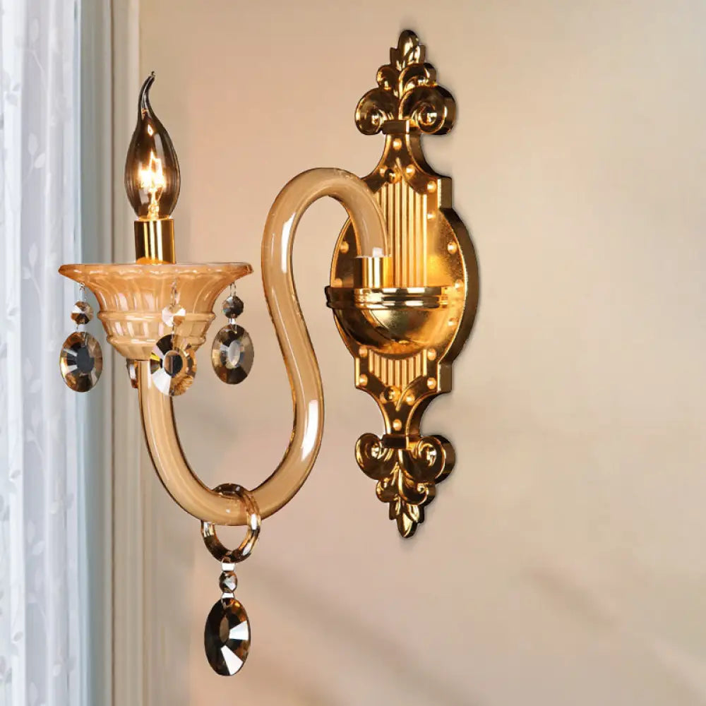 Curved Arm White Glass Wall Sconce With Beveled Crystal Accent Brass