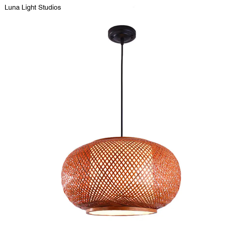 Curved Drum Suspension Pendant - Asian Bamboo 1-Bulb Brown Hanging Light Kit 16/19.5/23.5 Wide