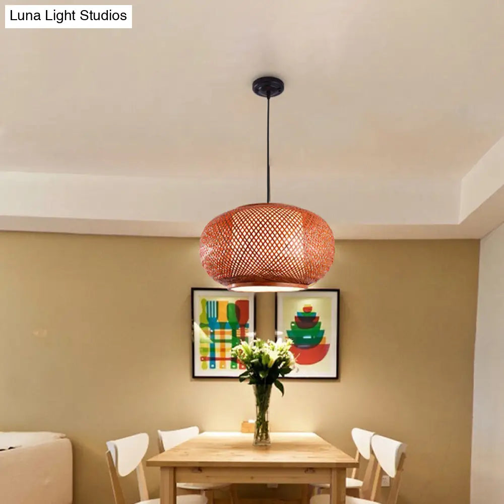 Curved Drum Suspension Pendant - Asian Bamboo 1-Bulb Brown Hanging Light Kit 16/19.5/23.5 Wide