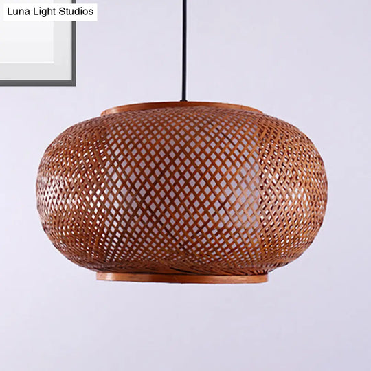 Curved Drum Suspension Pendant - Asian Bamboo 1-Bulb Brown Hanging Light Kit 16/19.5/23.5 Wide / 16