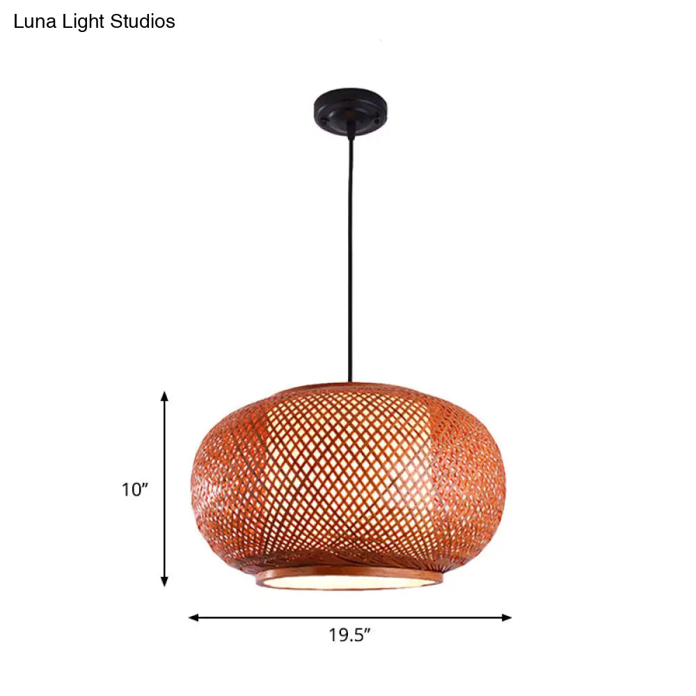 Curved Drum Suspension Pendant - Asian Bamboo 1-Bulb Brown Hanging Light Kit 16/19.5/23.5 Wide