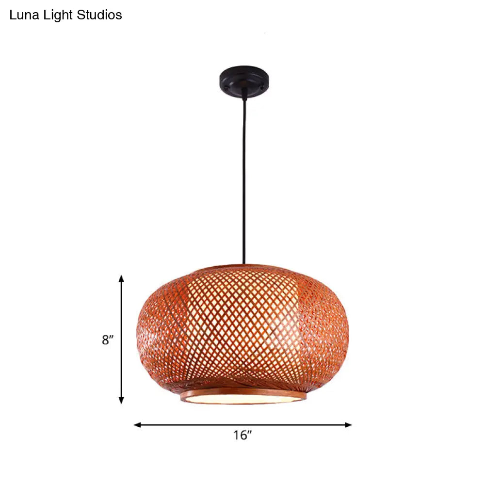 Curved Drum Suspension Pendant - Asian Bamboo 1-Bulb Brown Hanging Light Kit 16/19.5/23.5 Wide