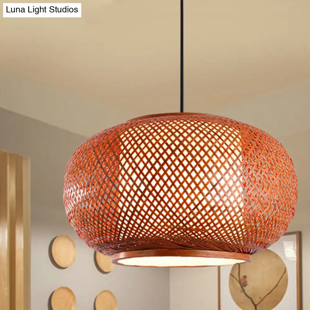 Curved Drum Suspension Pendant - Asian Bamboo 1-Bulb Brown Hanging Light Kit 16/19.5/23.5 Wide