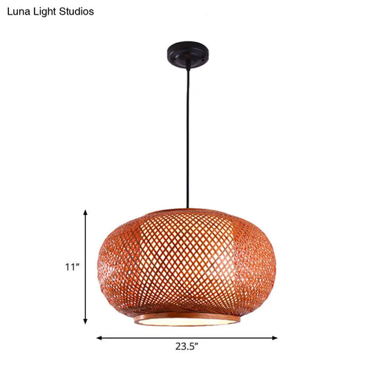 Curved Drum Suspension Pendant - Asian Bamboo 1-Bulb Brown Hanging Light Kit 16/19.5/23.5 Wide