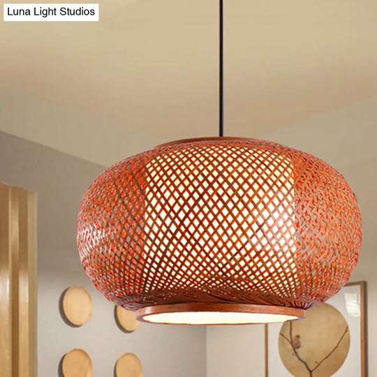 Curved Bamboo Drum Pendant Light Kit - Asian-Inspired 1 Bulb Brown Hanging Lamp 16’/19.5’/23.5’ Wide