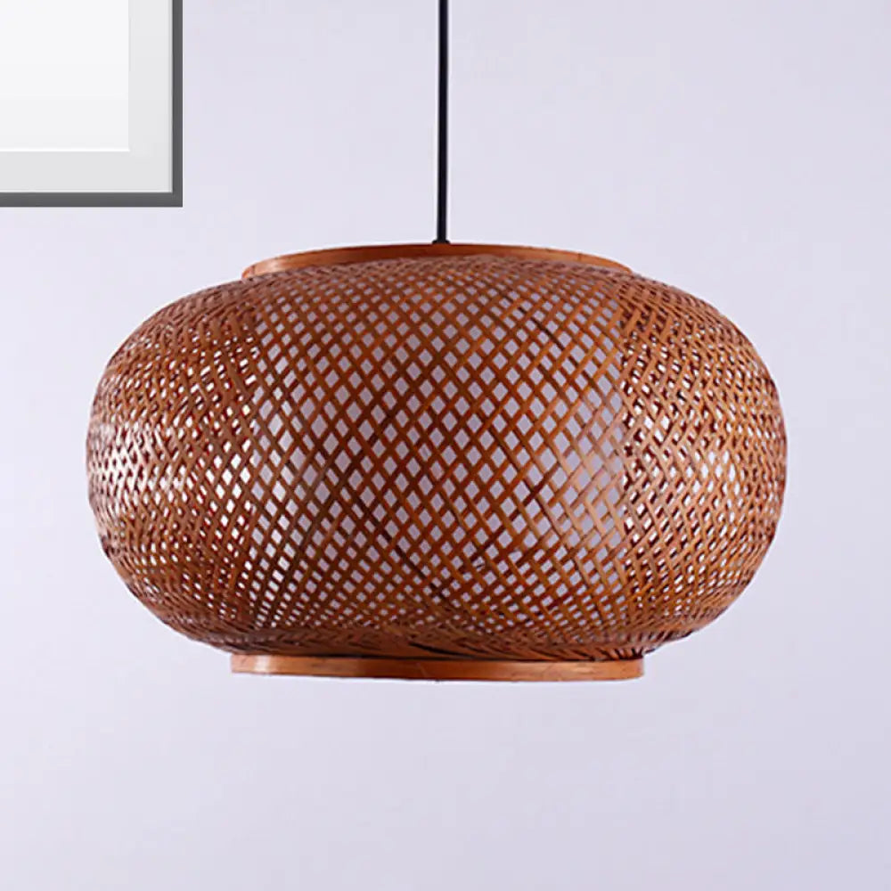 Curved Bamboo Drum Pendant Light Kit - Asian-Inspired 1 Bulb Brown Hanging Lamp