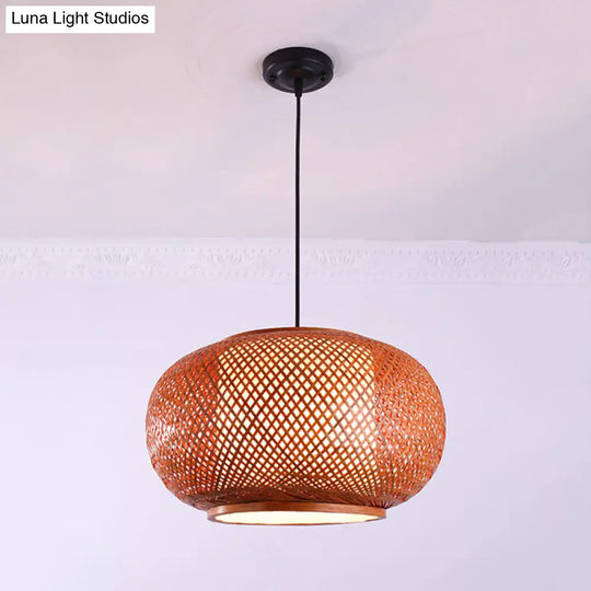 Curved Bamboo Drum Pendant Light Kit - Asian-Inspired 1 Bulb Brown Hanging Lamp 16’/19.5’/23.5’ Wide