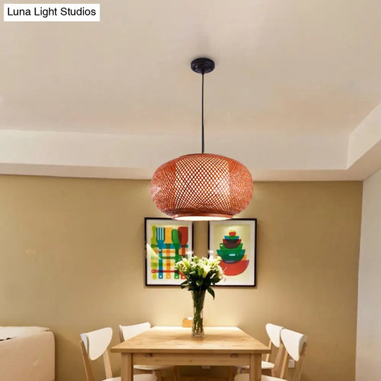 Curved Bamboo Drum Pendant Light Kit - Asian-Inspired 1 Bulb Brown Hanging Lamp 16’/19.5’/23.5’ Wide