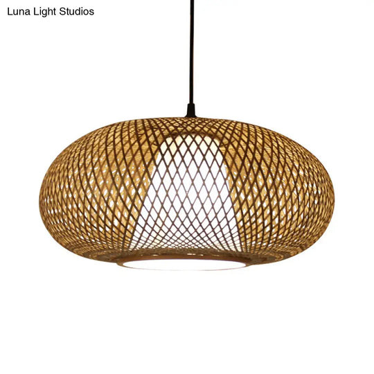 Curved Bamboo Pendant Drum Light With Tradition Design - 12’/14’/16’ Wide Hanging Lamp Kit