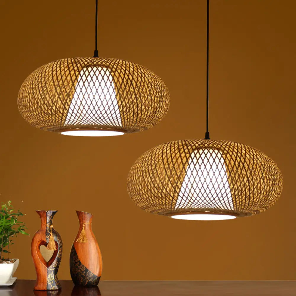 Curved Bamboo Pendant Drum Light With Tradition Design - 12’/14’/16’ Wide Hanging Lamp Kit