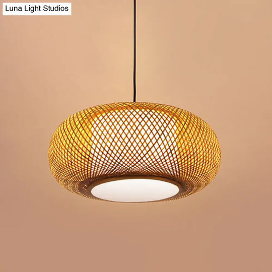 Curved Bamboo Pendant Lamp - Asian Style Ceiling Light 1 Bulb Beige 16/19.5 Wide