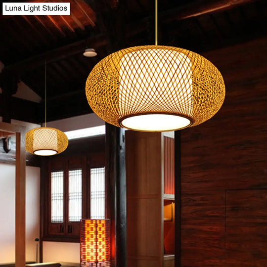 Curved Bamboo Pendant Lamp - Asian Style Ceiling Light 1 Bulb Beige 16/19.5 Wide