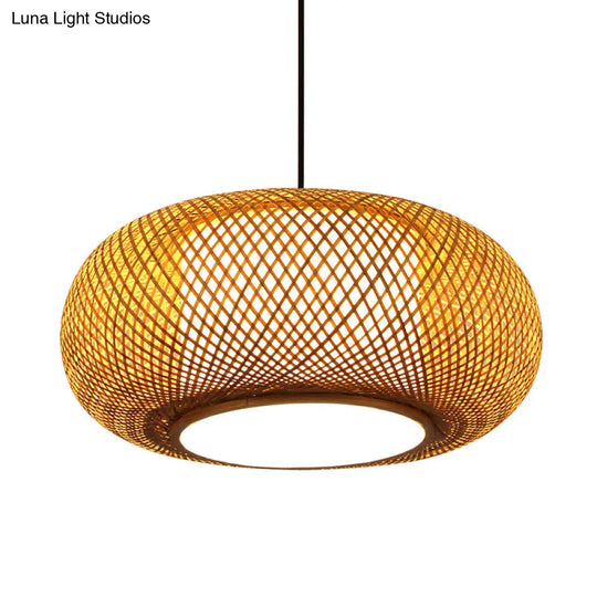 Curved Bamboo Pendant Lamp - Asian Style Ceiling Light 1 Bulb Beige 16/19.5 Wide