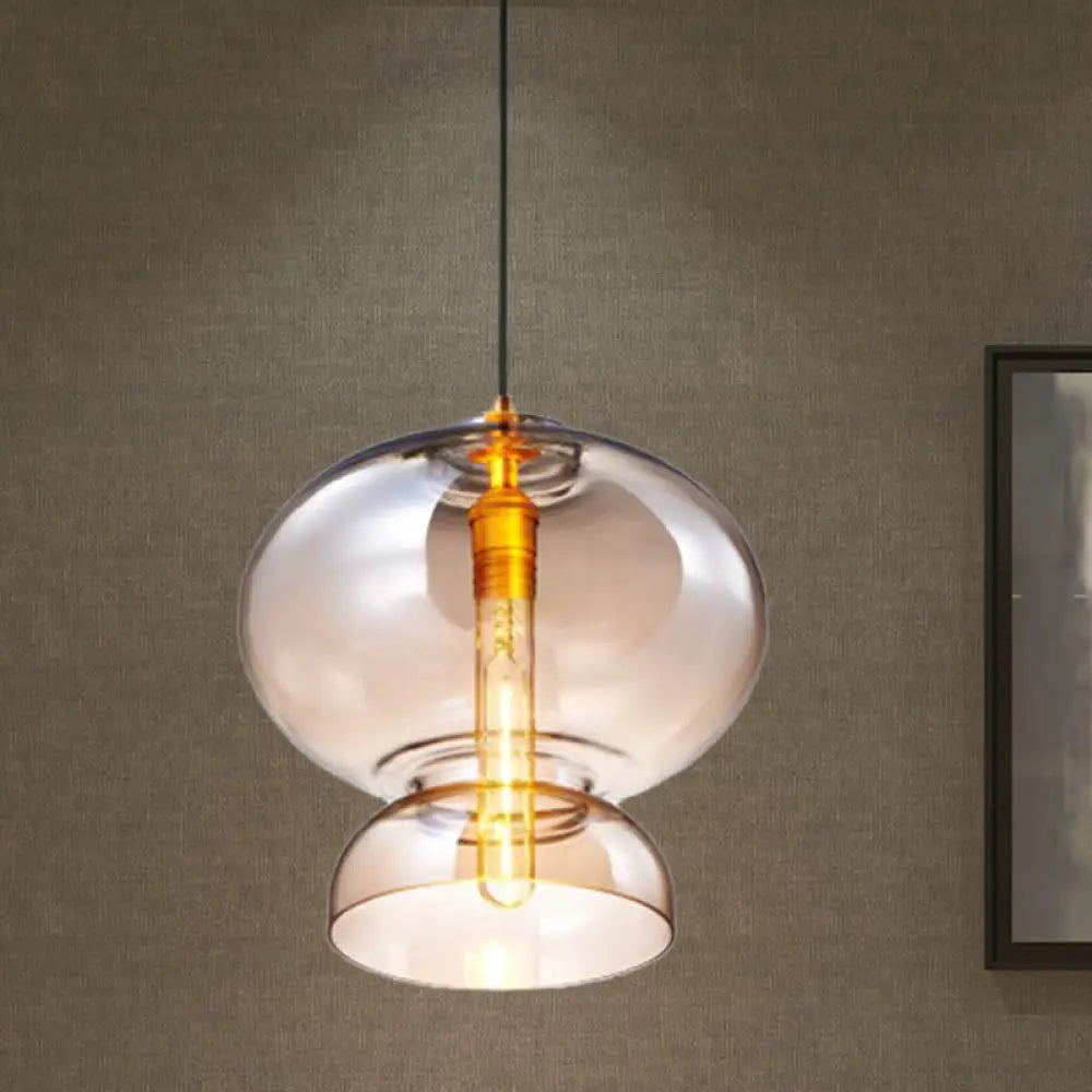 Curved Ceiling Pendant Light - Blue/Cognac Glass 1 Bulb 10’/11’ Wide Ideal For Restaurants