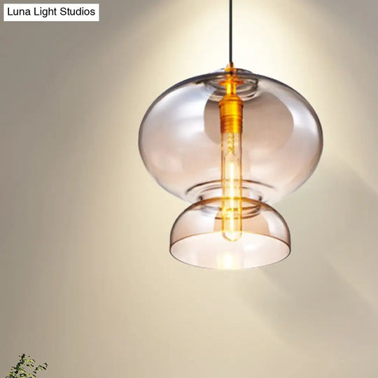 Curved Ceiling Pendant Light - Blue/Cognac Glass 1 Bulb 10’/11’ Wide Ideal For Restaurants