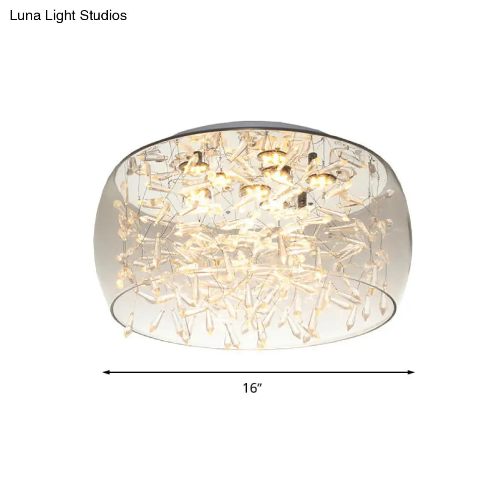 Curved Drum Crystal Led Flush Mount Ceiling Light Fixture In Warm/White 16’/19.5’ Wide