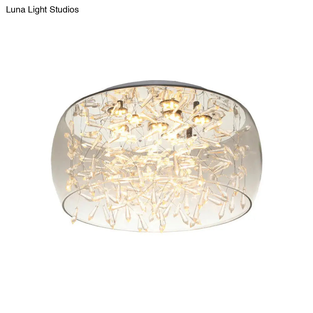 Curved Drum Crystal Led Flush Mount Ceiling Light Fixture In Warm/White 16’/19.5’ Wide