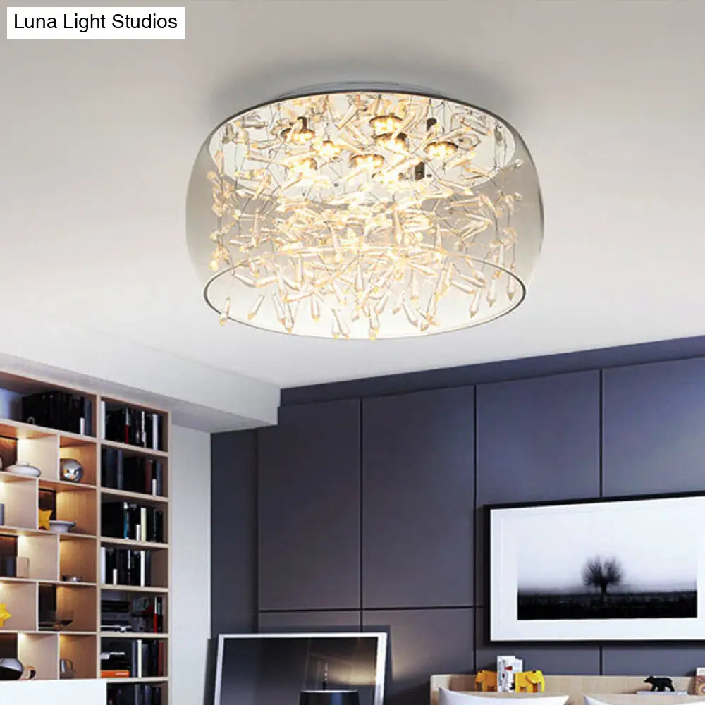 Curved Drum Crystal Led Flush Mount Ceiling Light Fixture In Warm/White 16/19.5 Wide Clear / 16