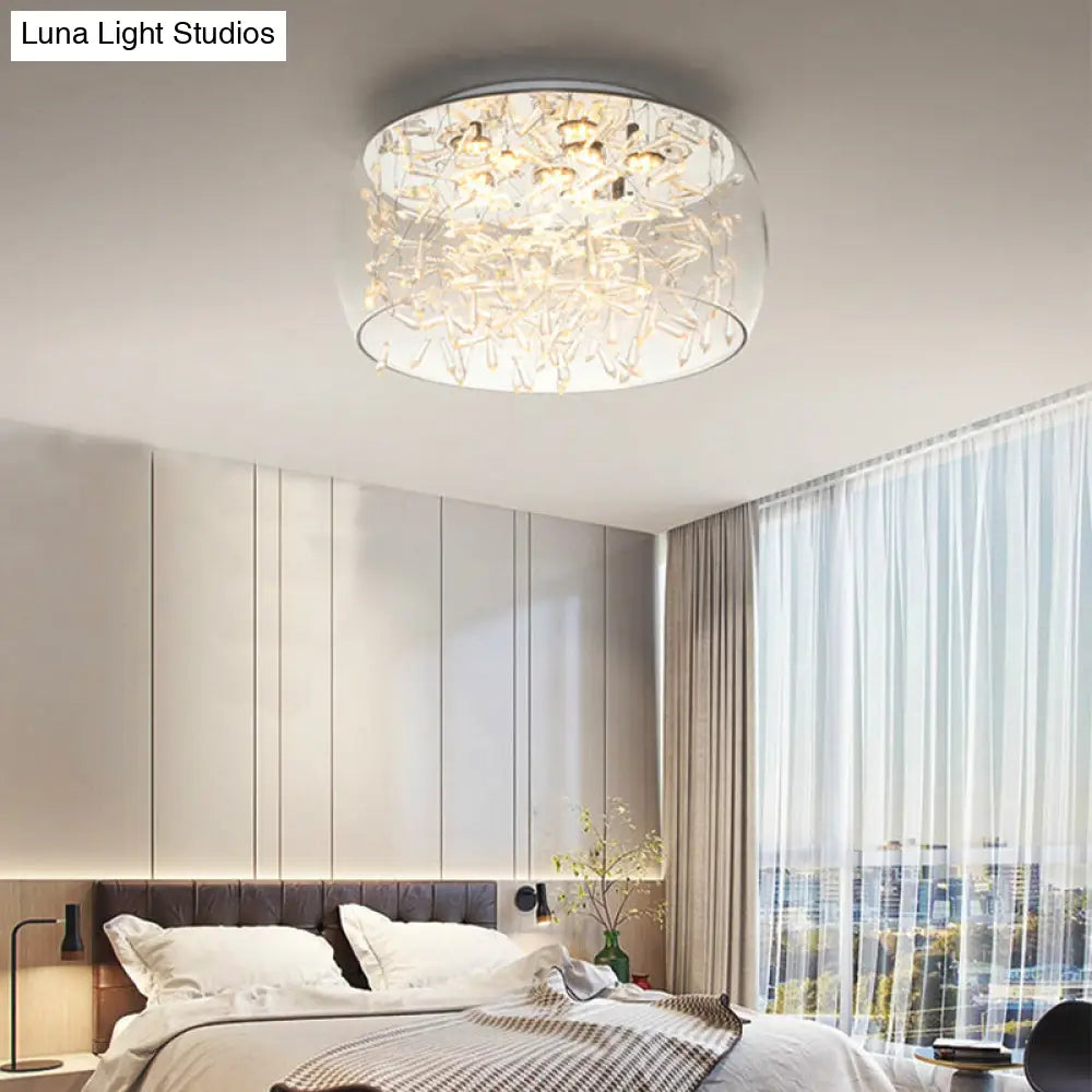 Curved Drum Crystal Led Flush Mount Ceiling Light Fixture In Warm/White 16/19.5 Wide