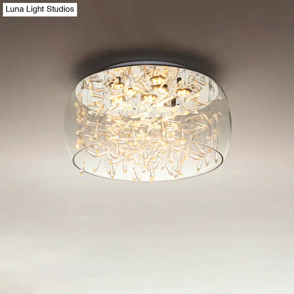 Curved Drum Crystal Led Flush Mount Ceiling Light Fixture In Warm/White 16’/19.5’ Wide