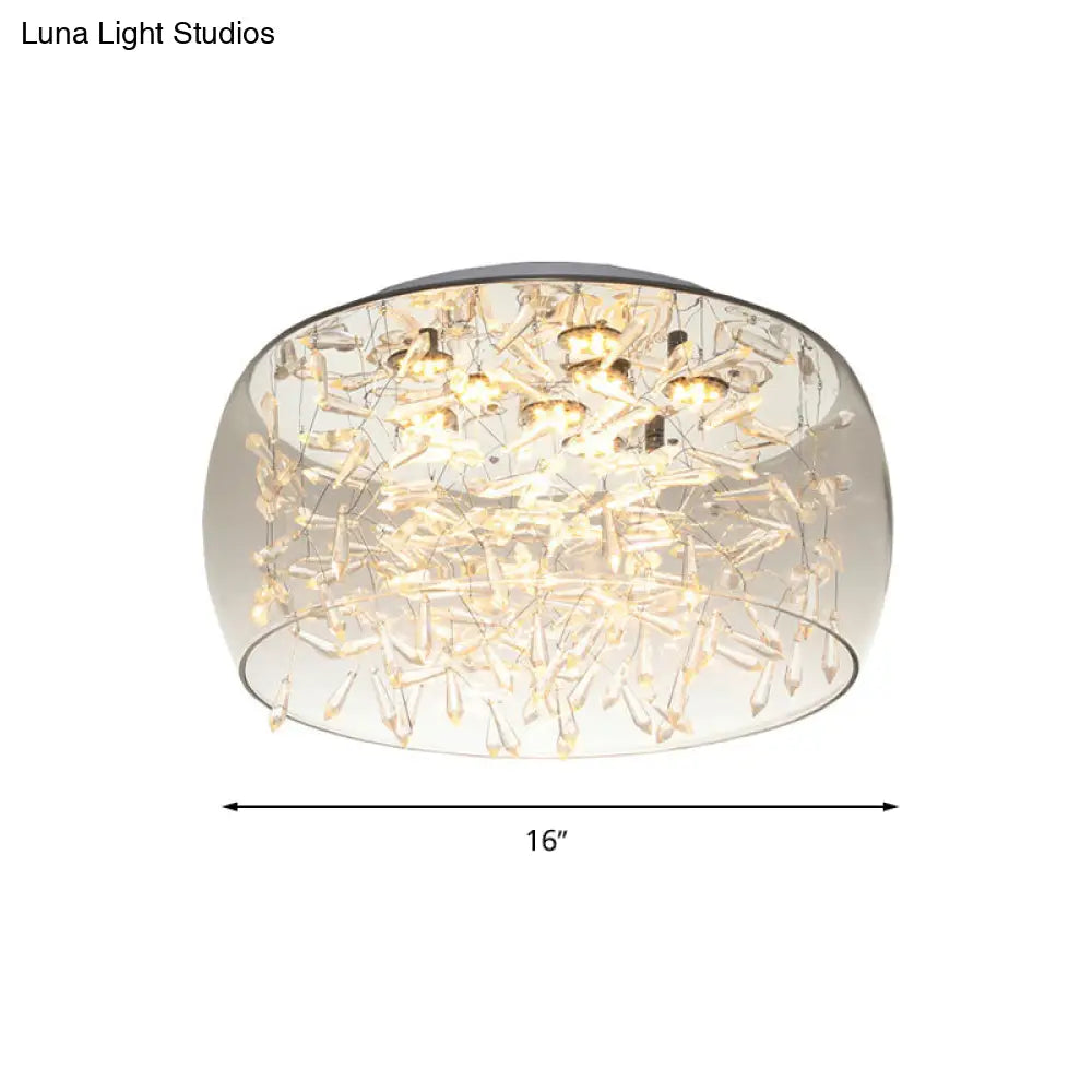 Curved Drum Crystal Led Flush Mount Ceiling Light Fixture In Warm/White 16/19.5 Wide