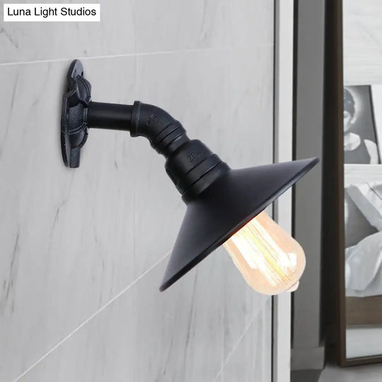 Curved Pipe Metal Wall Mount Sconce With Conic Shade - Industrial Style Hallway Lamp In Black