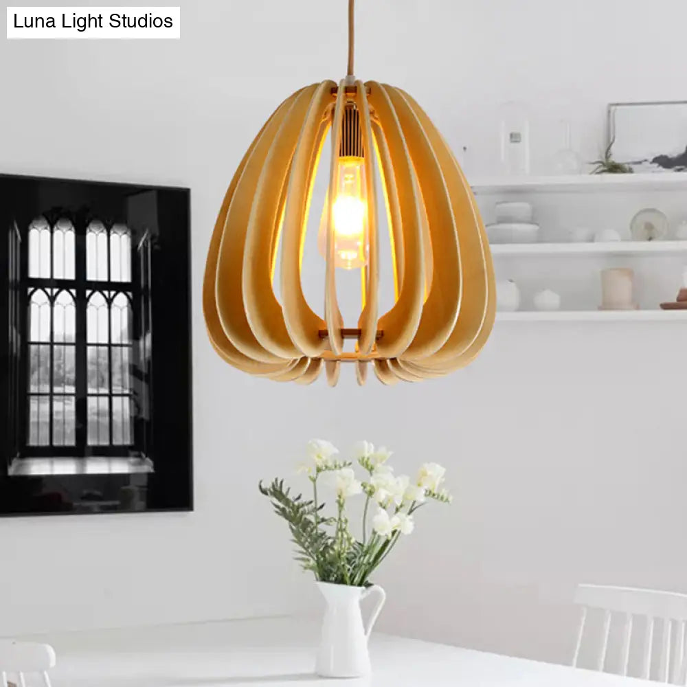 Curved Wood Pendant Ceiling Light For Contemporary Dining Room - Beige 1-Light