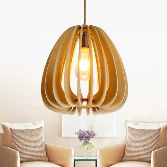 Curved Wood Pendant Ceiling Light For Contemporary Dining Room - Beige 1-Light