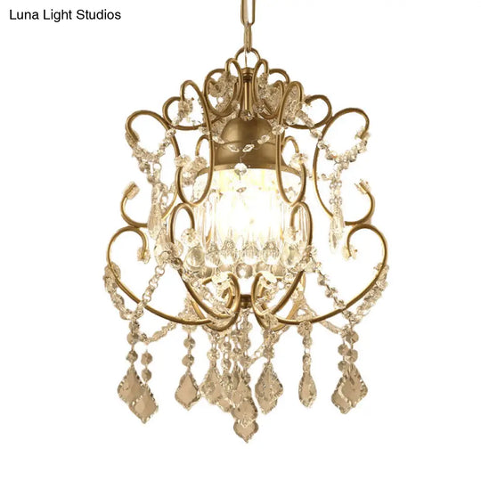 Curving Arm Crystal Chandelier With Lantern Design – Brass Finish & Draping