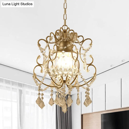 Brass Finish Crystal Chandelier With Lantern Curving Arm And Elegant Draping 3 /