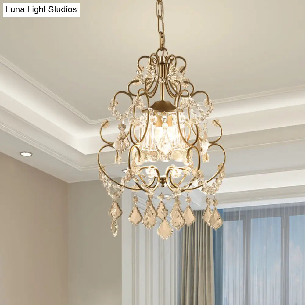 Brass Finish Crystal Chandelier With Lantern Curving Arm And Elegant Draping