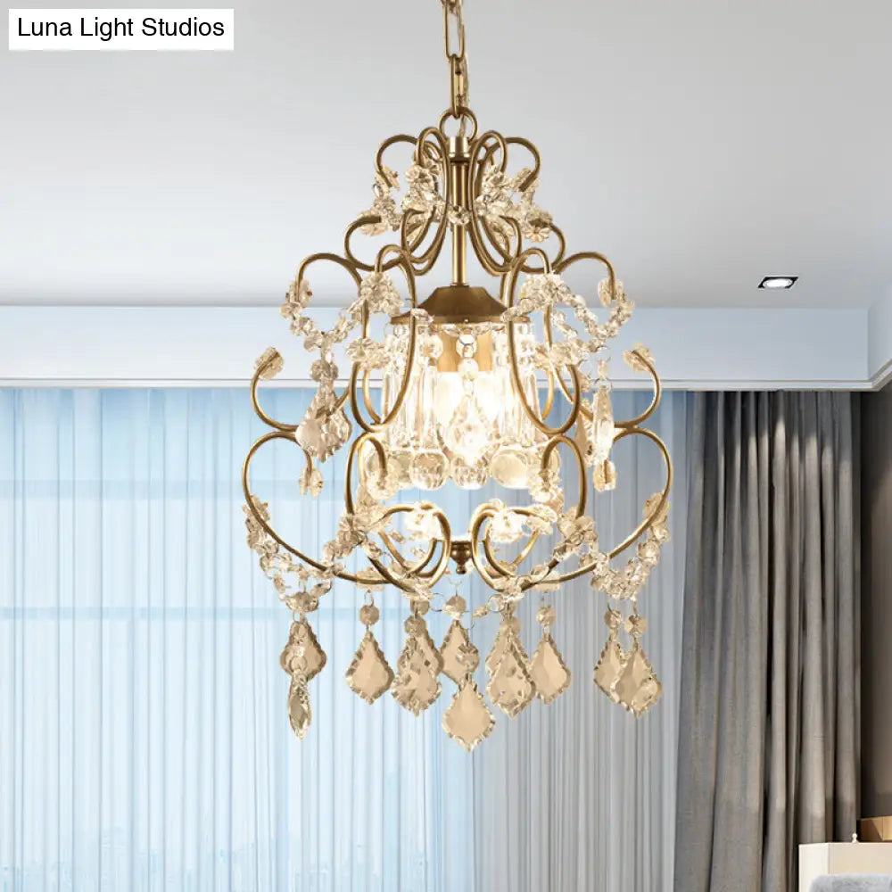 Brass Finish Crystal Chandelier With Lantern Curving Arm And Elegant Draping 1 /