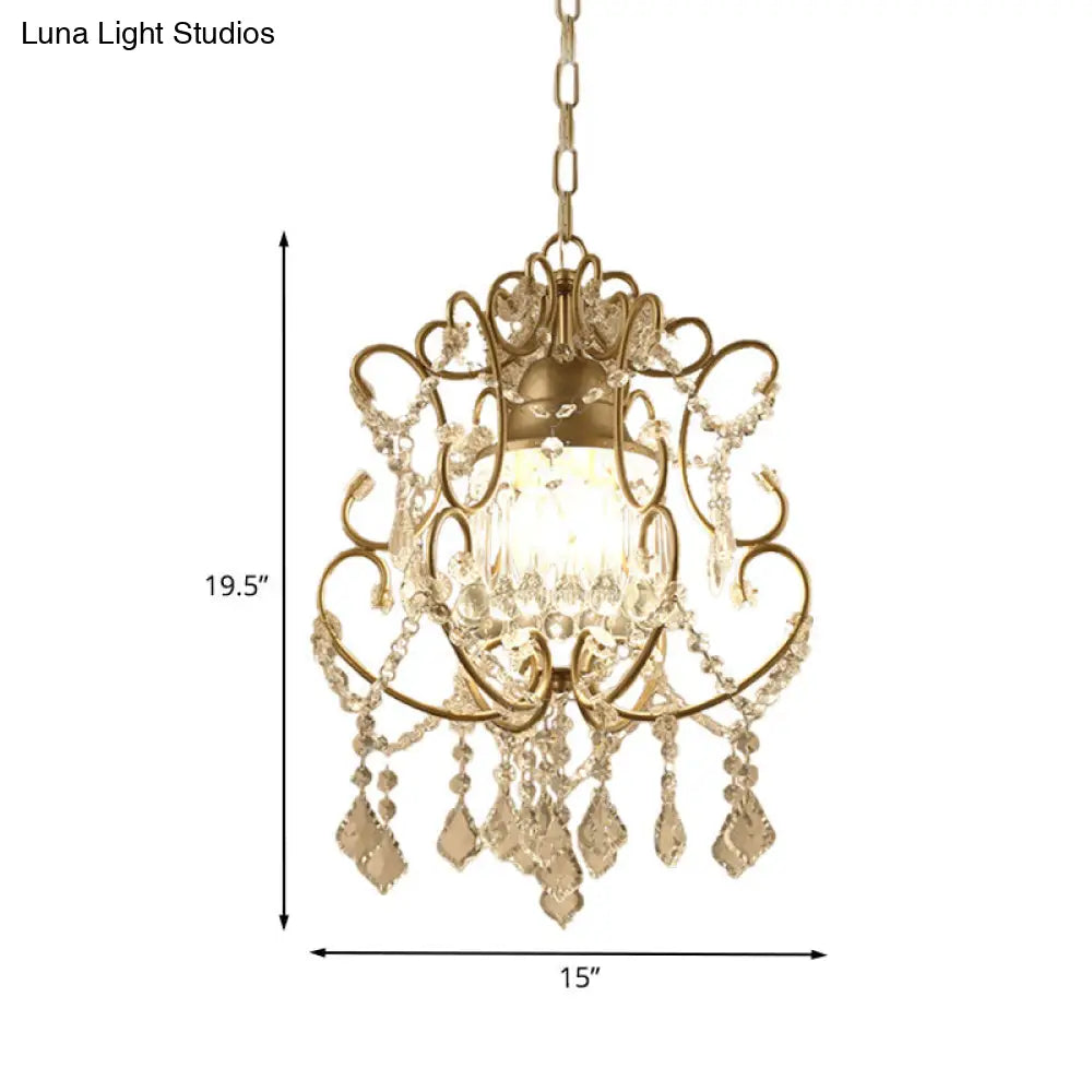 Brass Finish Crystal Chandelier With Lantern Curving Arm And Elegant Draping