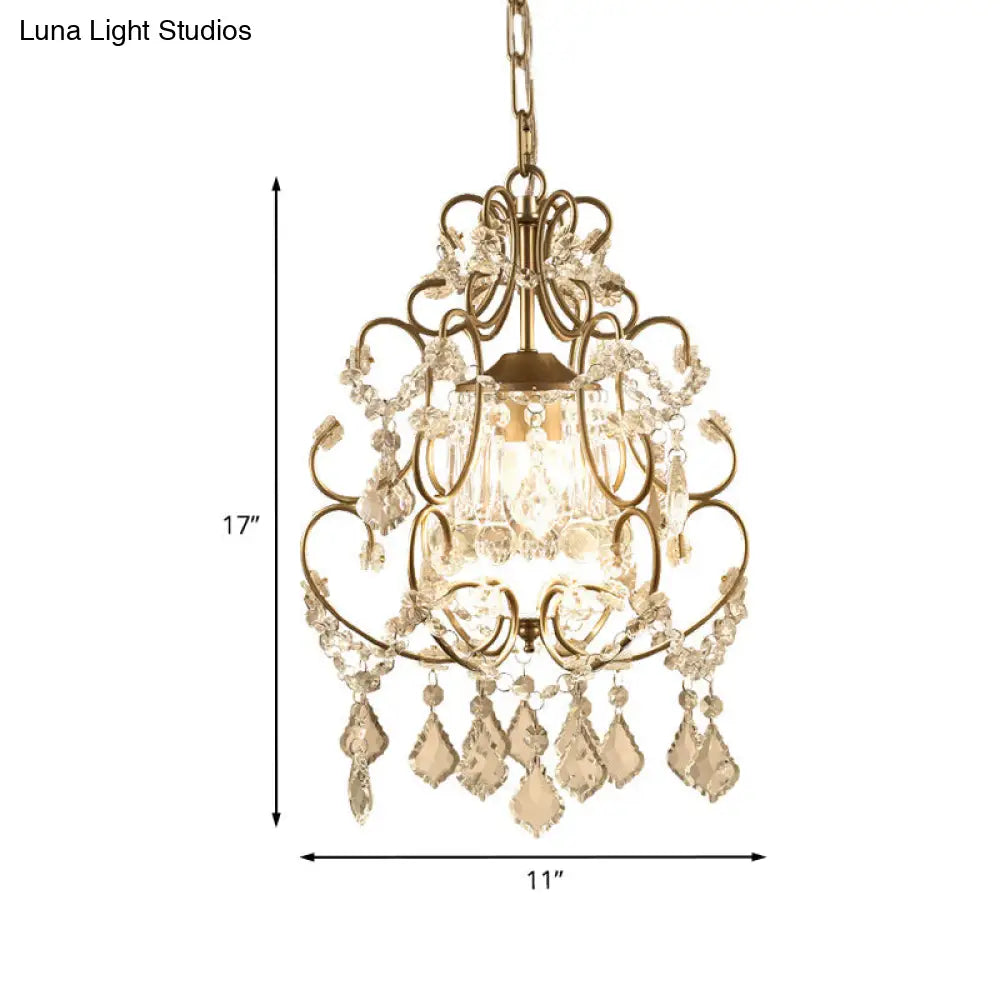 Brass Finish Crystal Chandelier With Lantern Curving Arm And Elegant Draping