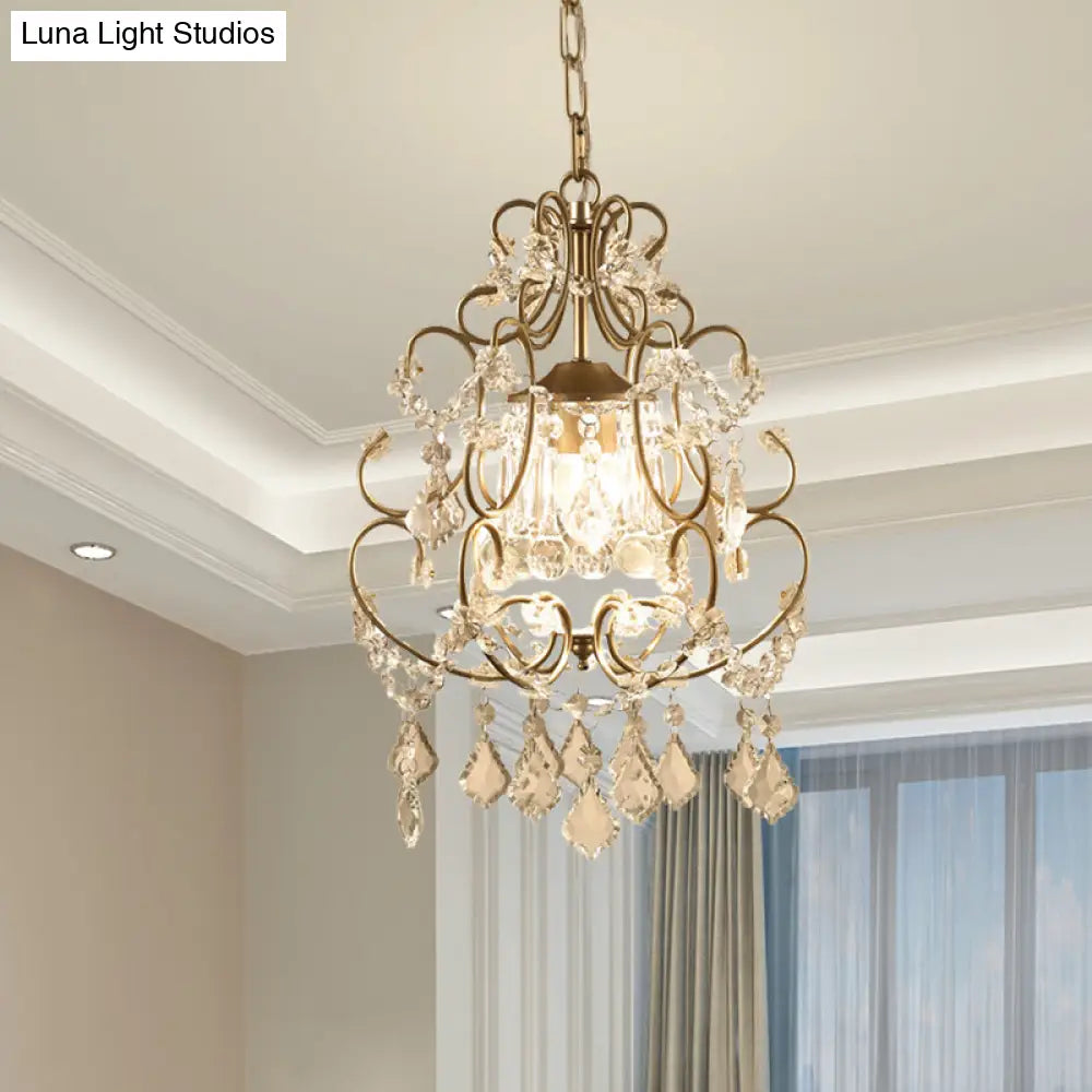 Curving Arm Crystal Chandelier With Lantern Design – Brass Finish & Draping