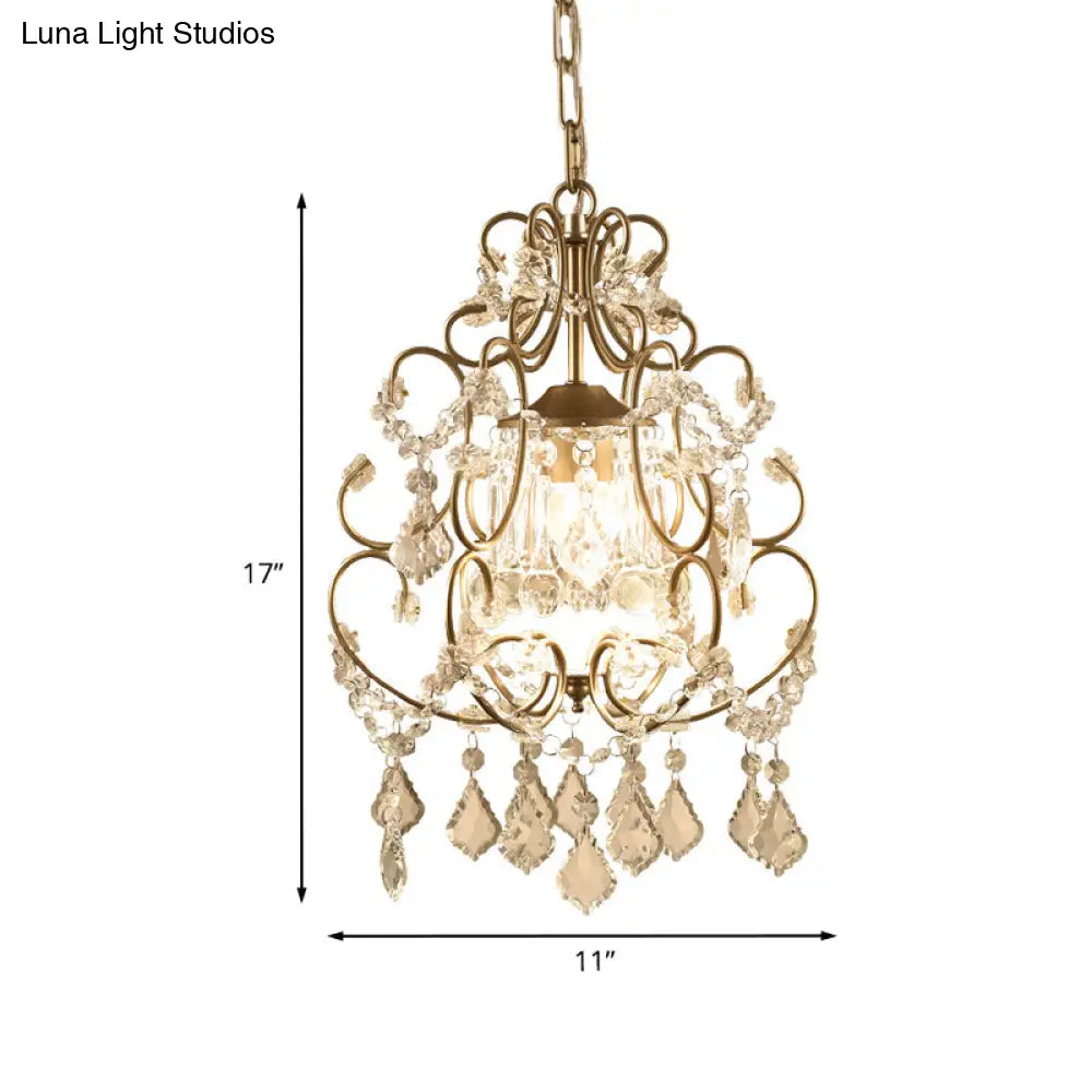 Curving Arm Crystal Chandelier With Lantern Design – Brass Finish & Draping