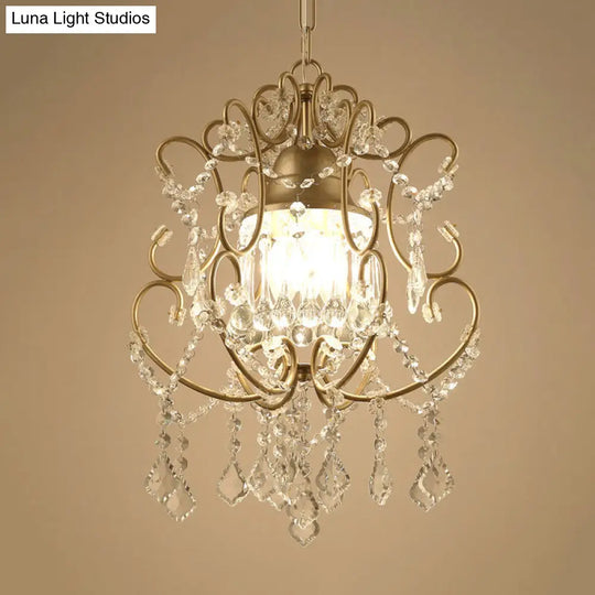 Curving Arm Crystal Chandelier With Lantern Design – Brass Finish & Draping