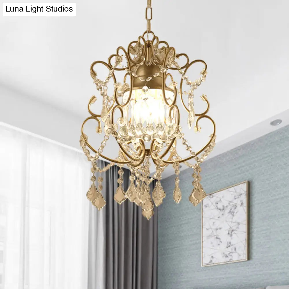 Brass Finish Crystal Chandelier With Lantern Curving Arm And Elegant Draping