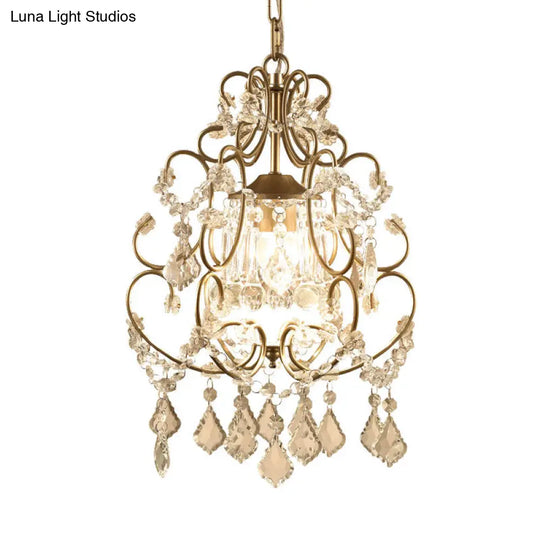 Brass Finish Crystal Chandelier With Lantern Curving Arm And Elegant Draping